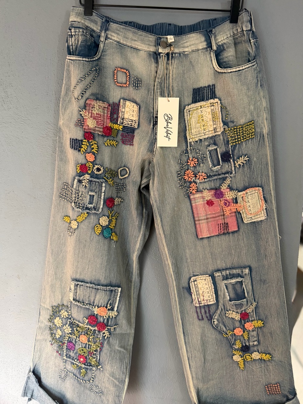 Embroidered Patch Light Blue Boyfriend Jeans by Blue Velvet